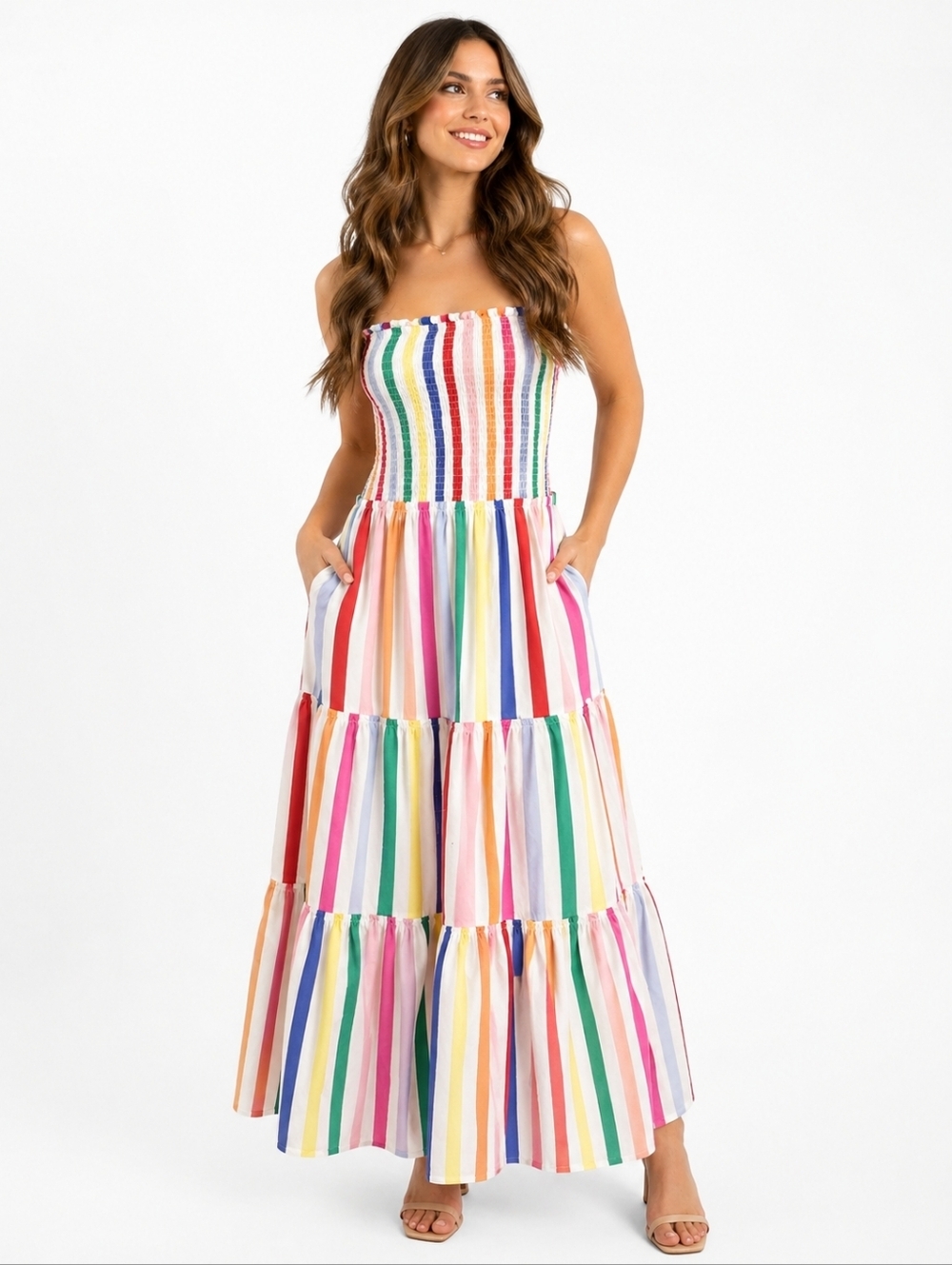 Draper James RSVP Rainbow Stripe Smocked Maxi Dress XXL Strapless Tiered Cotton
